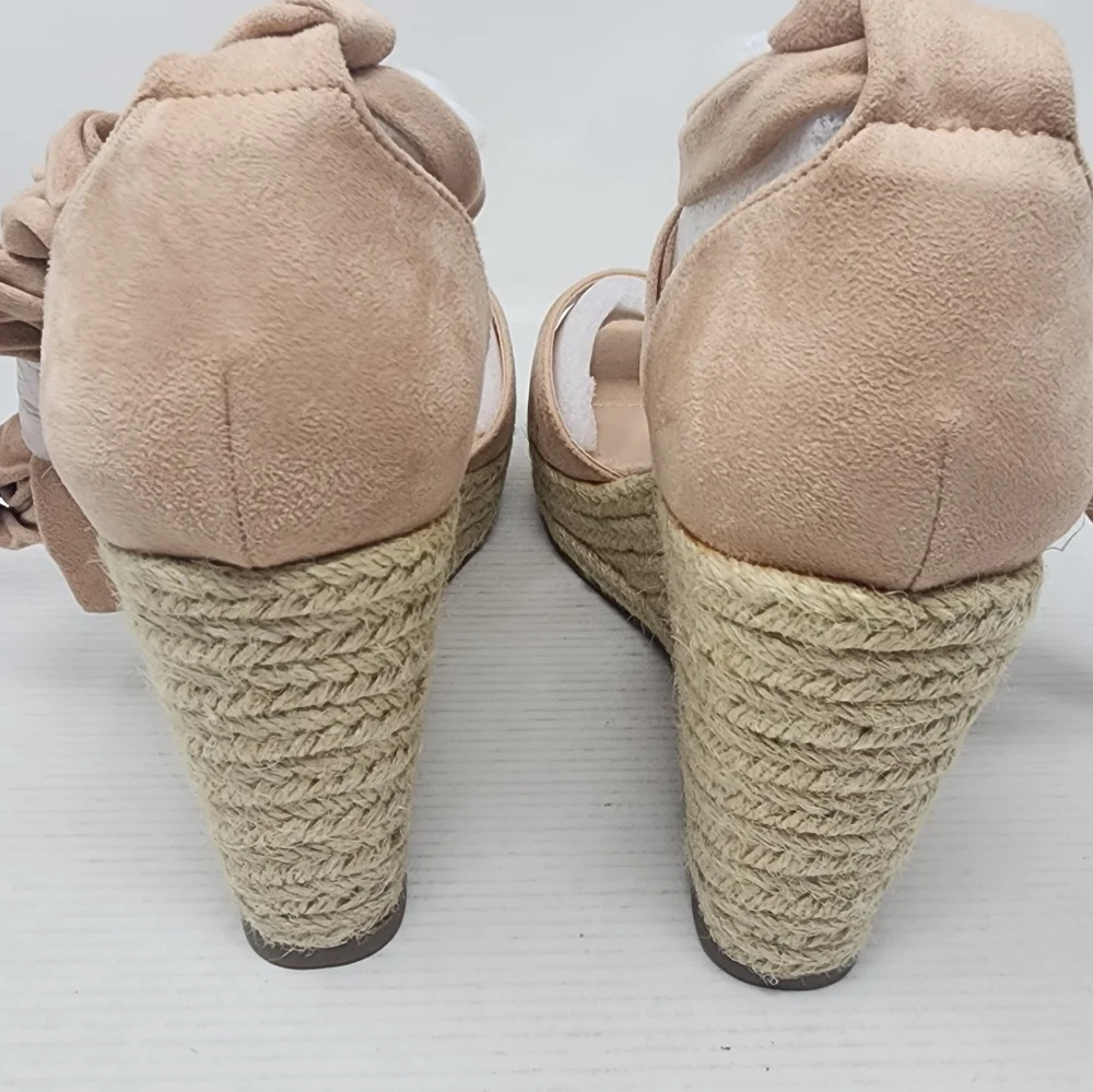 New‎ Blush Pink Espadrille Wedge Sandals Suede Ankle Tie Platforms Size 9.5